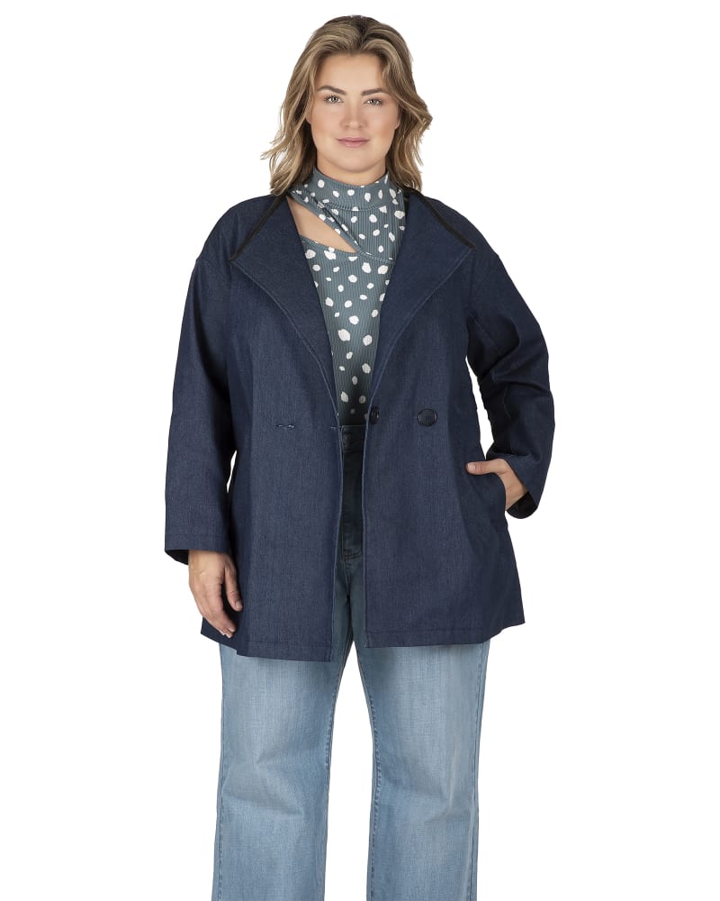Front of a model wearing a size L Women's Denim Collarless Buttoned Coat in Raw Blue by Standards & Practices. | dia_product_style_image_id:276414